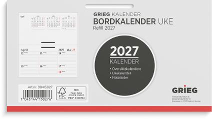 Bordkalender GRIEG 2027 uke