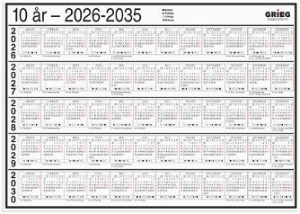 Platekalender GRIEG A4 10 år 2026-2035